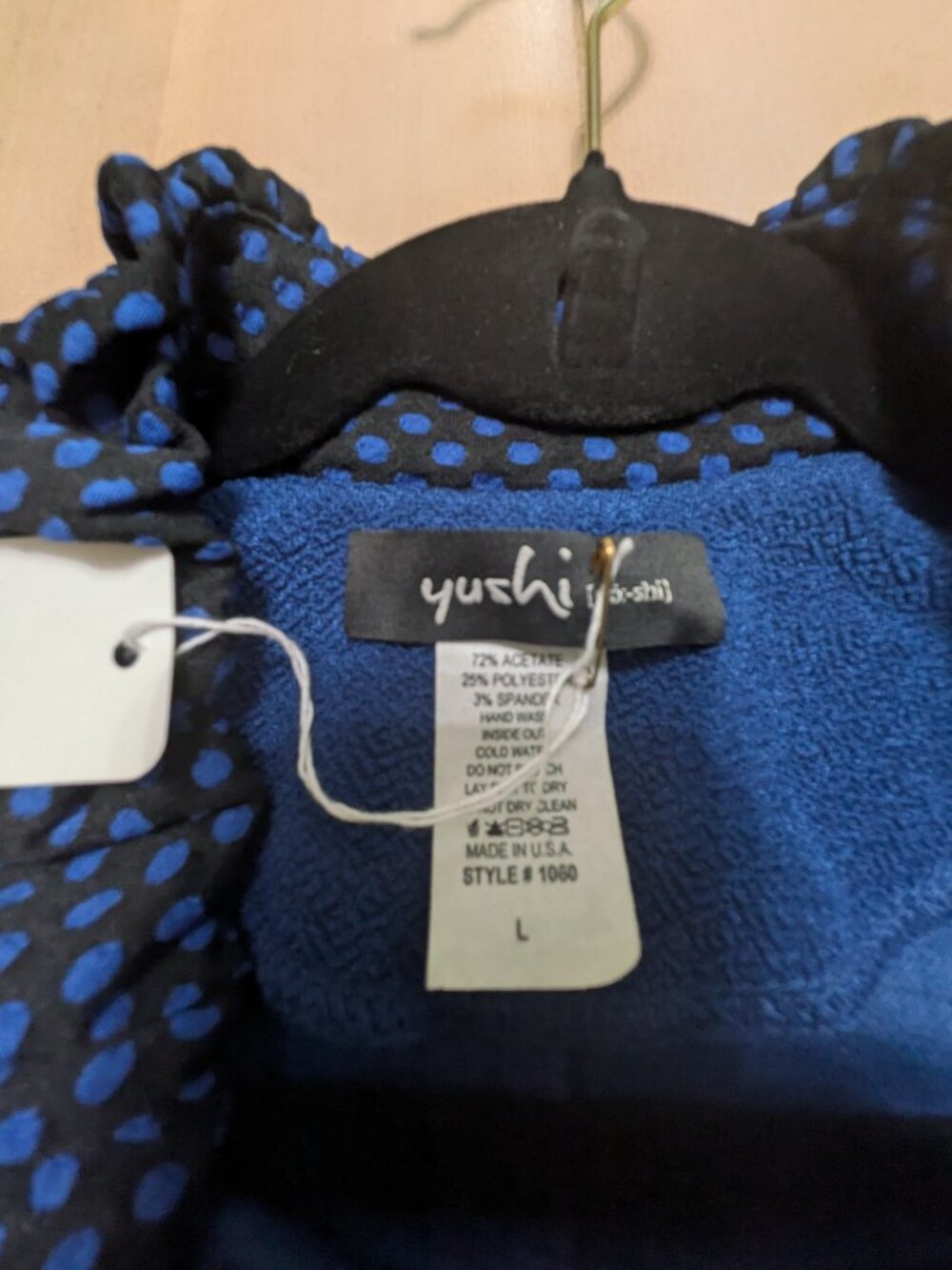 Yushi Blue Textured Swing Jacket Polka-Dot Ruffle Collar Made in USA, Size L - Picture 8 of 8